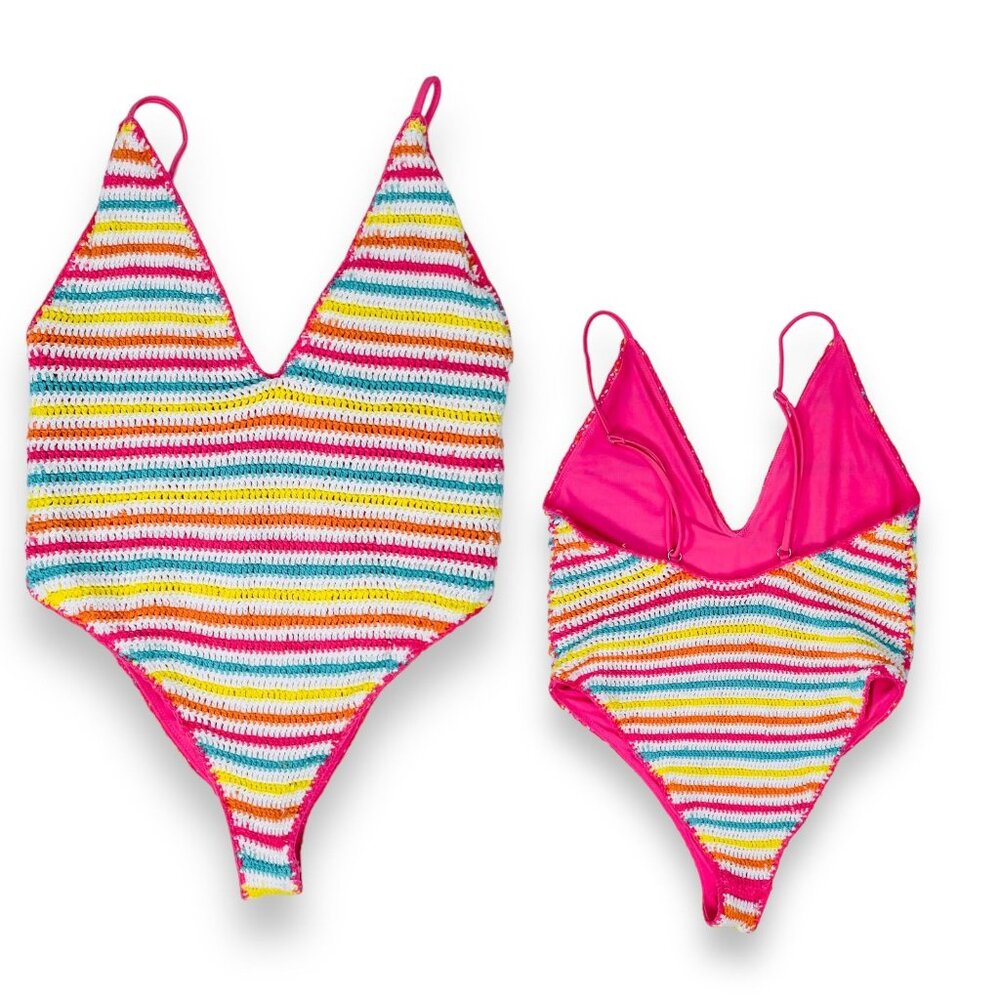 Lovers + Friends Womens Crochet Multicolor Stripe One Piece Swimsuit Small S